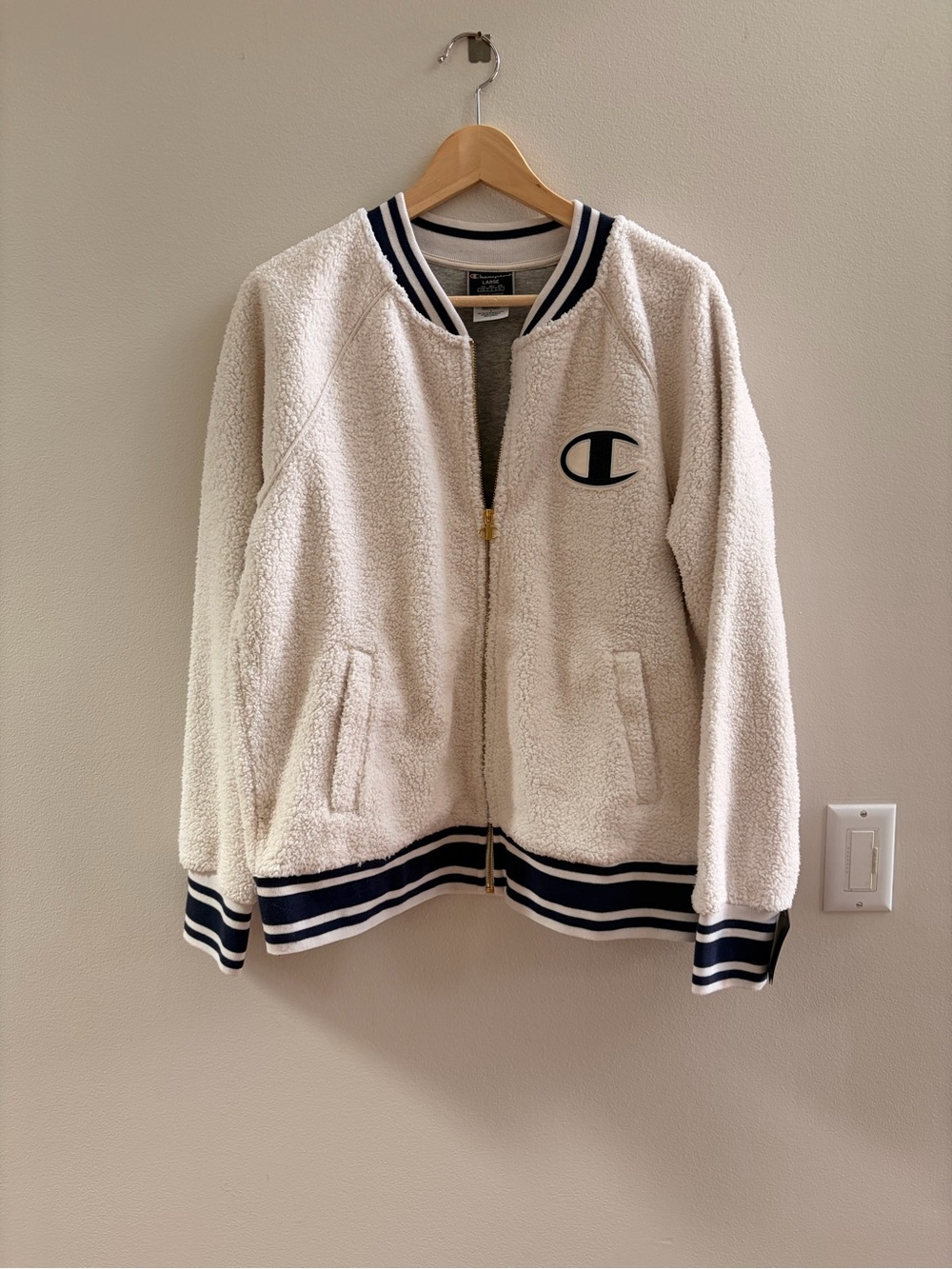 Champion Cream Sherpa Jacket with Navy Stripe Trim